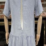 CARAMELA light blue and white pinstriped peplum blouse w/keyhole back / L / EUC Photo 3