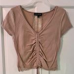 Almost Famous  Beige Tie-Hem Ruched Lace Short Sleeve V-Neck Crop Top Photo 0