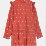 ZARA  Ruffled Eyelet Embroidered Boho Long Sleeve Mini Dress in Coral Size S Photo 13