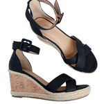 Journee Collection Telyn Espadrille Wedge Sandals Black Faux Leather Size 6.5 Photo 0