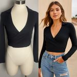 Brave Soul London Black Ribbed Collared Wrap Crop Top | NWT | Size M Photo 1