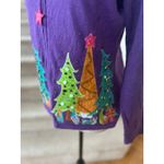 Tiara International Vintage 90s Whimsical Purple Green Pink Orange Teal Christmas Tree Zip Sweater Photo 2
