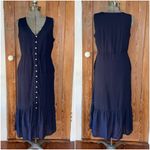 Nanette Lepore Navy Slub Gauze Flounce Button Front Midi Dress w/Pockets Sz 8 Photo 2