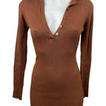 Love Tree  Brown Ribbed Long Sleeve Collared Mini Bodycon Polo Sweater Dress Sz S Photo 0