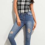 SheIn Square Neck Plaid Fitted Top Photo 3