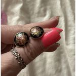 Vintage Round Cloisonne Rose Stud Earrings Button Style Rose Pink‎ Enameled EUC Gold Photo 4