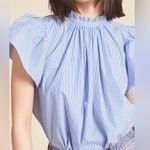 Trovata Small Carla Highneck Shirt in Blue White Stripe Flutter Sleeve Preppy Photo 1
