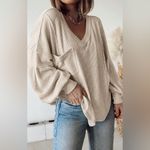 NWT BTFBM Casual V Neck Ribbed Knitted Shirts Loose Balloon Sleeve Top Size M Size M Photo 2