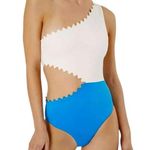 ONIA  Betty Cut Out One Shoulder One Piece Swimsuit Blue and White Size M NWT Photo 0