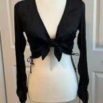 Princess Polly Isabella Silky Tie Front Crop Top Black Ruched Side/Sleeve US 4 Photo 0