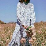 ZARA  Ivory Floral Linen Smocked Long Sleeve Cottage Prairie Maxi Dress Size S Photo 0