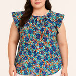 Perch Blu Pepper Size 2X Shirt Blue Ruffled Relaxed Blouse Floral Print Plus‎ Sz Photo 0