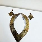 Vintage Two Tone Mesh Metal Bib Necklace & Pierced Earrings set 3pc Gold Photo 8