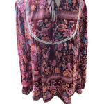 Pretty Garden Boho Cottagecore Blouse Large Pink Floral Tie Neck Peasant Top Photo 0