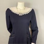 Vintage Victorian Dress Lolita Lace Collar Navy Blue Bow Back Whimsigoth Pockets Photo 3