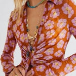 Free People  Lucky Shirtee Floral Button Up Shirt in Coffee Sheer Mesh 70s Medium Photo 0