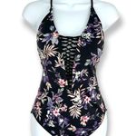 Ambrielle | NWT | Medium | One Piece Swimsuit Black Pink Silver Floral Pattern Photo 2