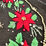 Vintage Christmas Beaded Black Cardigan with Red Floral Embroidery Size L Photo 3