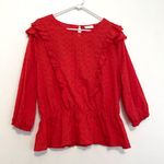NEW YORK COMPANY NY&CO Red Floral Eyelet Ruffle 3/4 Sleeve Cotton Peplum Blouse Size XL Photo 1