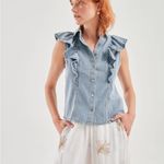 ZARA Blue Ruffled Denim Top MEDIUM NEW Photo 2