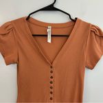 Free People  Mia Santa Fe Brown Puff Shoulder Button Front Thong Body Suit XS Photo 2