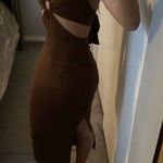 NEW Brown Front Cut Out Halter Neck Back Tie Midi Dress Size M Photo 4