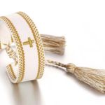 Fashion Bohemian Knitted, tassel bracelet for women with embroidered cross. White Photo 4