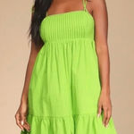 Lulus NWOT  Dreamgirl‎ Lime Green Pleated Tie Shoulder Babydoll Mini Dress MEDIUM Photo 0
