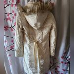 BCBGMAXAZRIA Down Long Puffer Jacket Size XS Cream Racoon Zipper Fur Hood Belted Photo 2