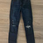 Abercrombie & Fitch Abercrombie Ultra High Rise Super Skinny // distressed dark wash raw hem Photo 3