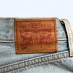 Classic Y2K Levi 501 Button Fly Ripped Distressed High Rise Mom Denim Jean Shorts Raw Frayed Hem Measurement in pics Blue Size 26 Photo 5