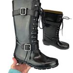 BCBGMAXAZRIA Women's Black Willis Lace Up Rubber Boots Leather Straps Size 6 Photo 0