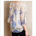 Anthropologie ✨ White Blue Lace Graphic Floral Print Sheer Silk Blouse✨ Photo 2