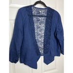  Medium Chicos Size 1 Open Front Ruched Sleeve Blue Lace Back Shirt Linen? Photo 2