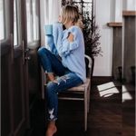 VICI Blue Moon fuzzy cozy boho ruffled open shoulder sweater size L Photo 31