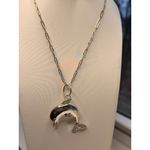 None Silver Dolphin Pendant Necklace With Rhinestone Accents On Gold-Tone Paperclip C Photo 2