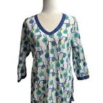 Gretchen Scott  Long Sleeve Tunic Top Blouse Floral Blue Green Cotton Medium M Photo 0