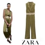 ZARA NWT Satin Effect Belted Wide leg cropped Jumpsuit Olive Green sz Small Photo 1