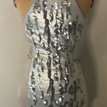 Bebe Silver Sequin Textured Halter Open Cutout Back Top Dress Cocktail FLAWS NYE Photo 0