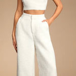 Lulus Pants L NWT Tweed Wide-Leg Chic and Sophisticated Ivory Textured Photo 0