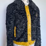 STAUD Buddha black faux shearling fur jacket w/ yellow leather trim size S small Photo 1
