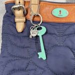 Fossil  Quilted Tote Bag Navy Blue Leather Trim Floral Accent Key Charm Photo 3