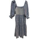 Blue Embroidered Gauze Midi Dress Square Neck Smocked Bodice Puff Sleeve Tiered Size M Photo 4