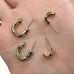 Shiny Gold Tone Huggie Hoops Rhinestone Pierced Earrings Set Photo 2