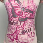 Common Threads Y2K Baby Girl Pink Butterfly Tattoo Tee M Side Ruched Vintage Photo 1