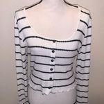 Live in the Moment White Cropped Long Slv Button Scoop Neck Top M Black Stripes Photo 1