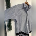 WHYCI Milano Women’s Blue White Striped Button Front Blouse Crochet Hem Size 8 Photo 7