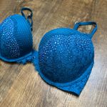 Victoria's Secret Victoria’s Secret Very Sexy Push Up Bra Sz 32DD Teal Blue Rhinestone Fishnet Photo 6