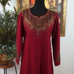 Gorgeous Woman Sweater Dress Embroidered Red Tunic Top Size Medium Long Sleeve Photo 0