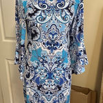 Olivia Matthews Blue & White Paisley Print Dress | Bell Sleeves | Classic Shift Photo 0